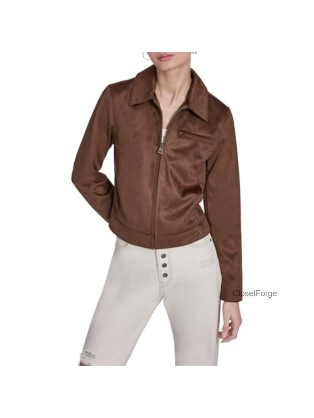 Faux Leather Laydown Collar Jacket Zip Front Puff Sleeve